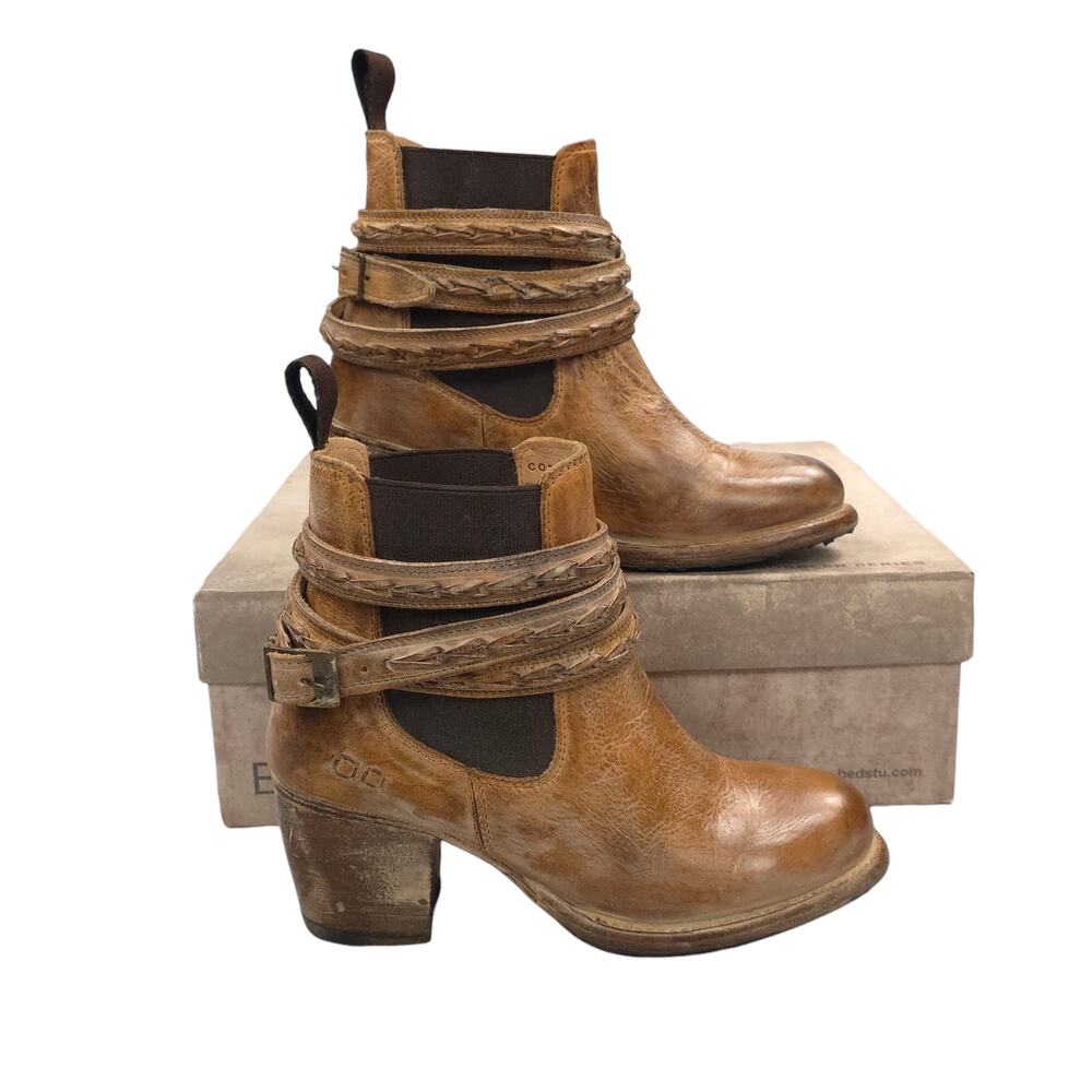 BED STU Lorn Boots Leather Ankle Wrap Belted Heeled Western Rustic